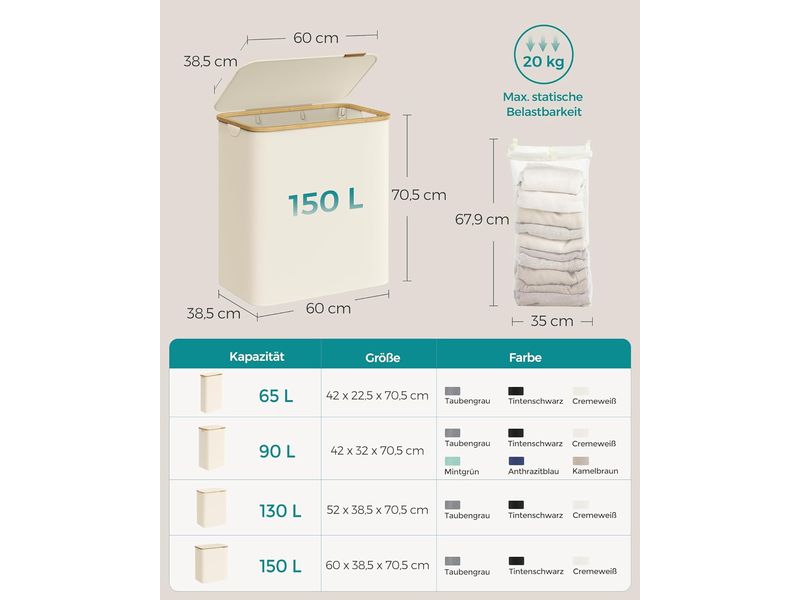 Songmics Wäschekorb  130 l, Beige Wäschesammler mit drei Fächern
