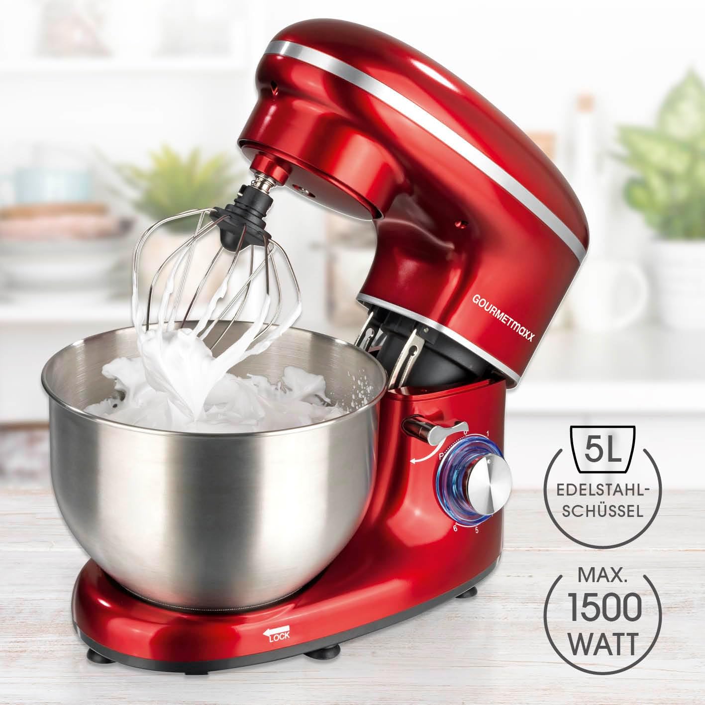 GOURMETmaxx Küchenmaschine mit Knet- und Rührfunktion | Leistungsstarke Küchenmaschine mit großer 5 Liter Edelstahlschüssel und Direktantrieb | Inkl. Rühraufsatz, Knethaken & Schneebesen [1.500 Watt]