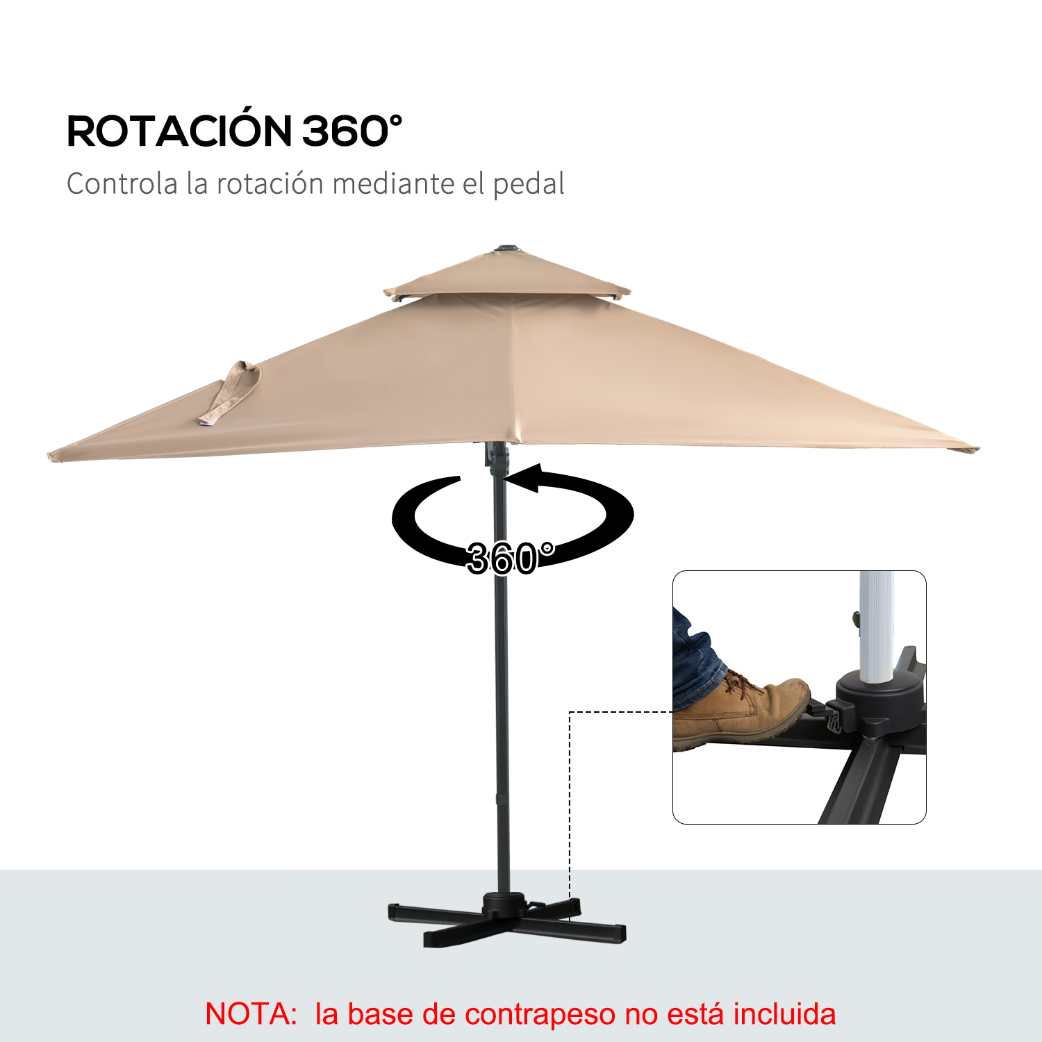 Guarda-sol de jardim Outsunny 300x300 cm em alumínio com manivela, mastro giratório 360°, cobertura dupla, inclinação em 6 posições e base cruzada incluída, cor cáqui.