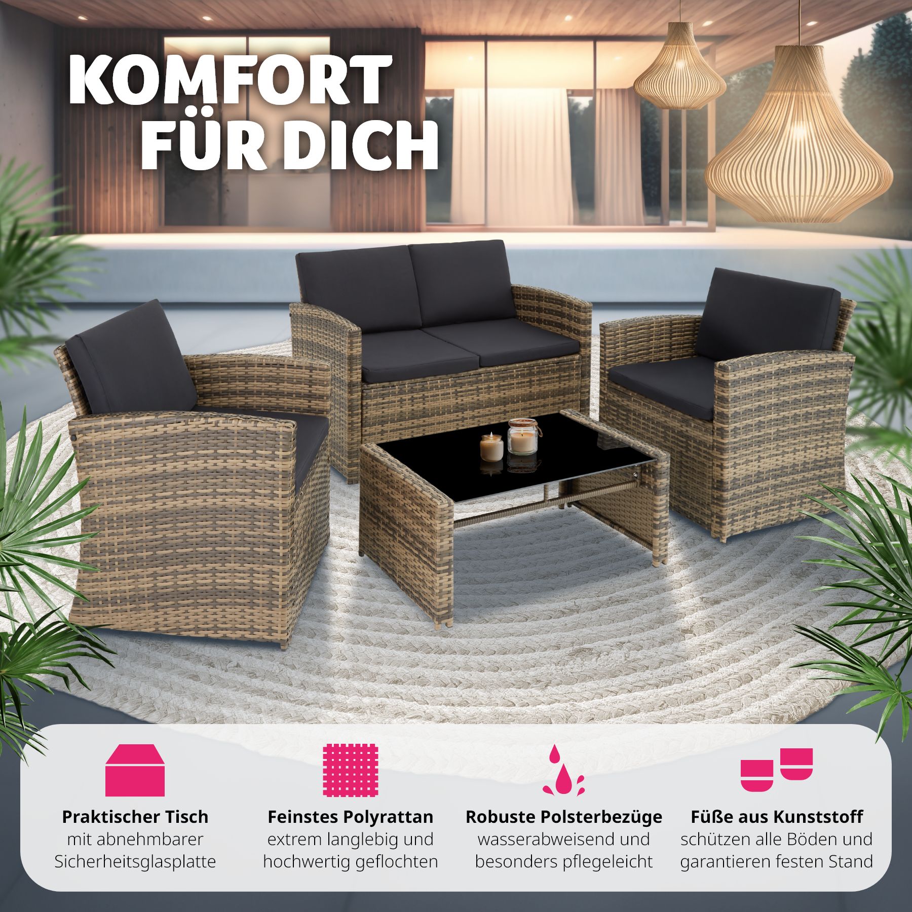 tectake® Rattan Lounge, für 4 Personen, UV-beständig, mit Sicherheitsglasplatte