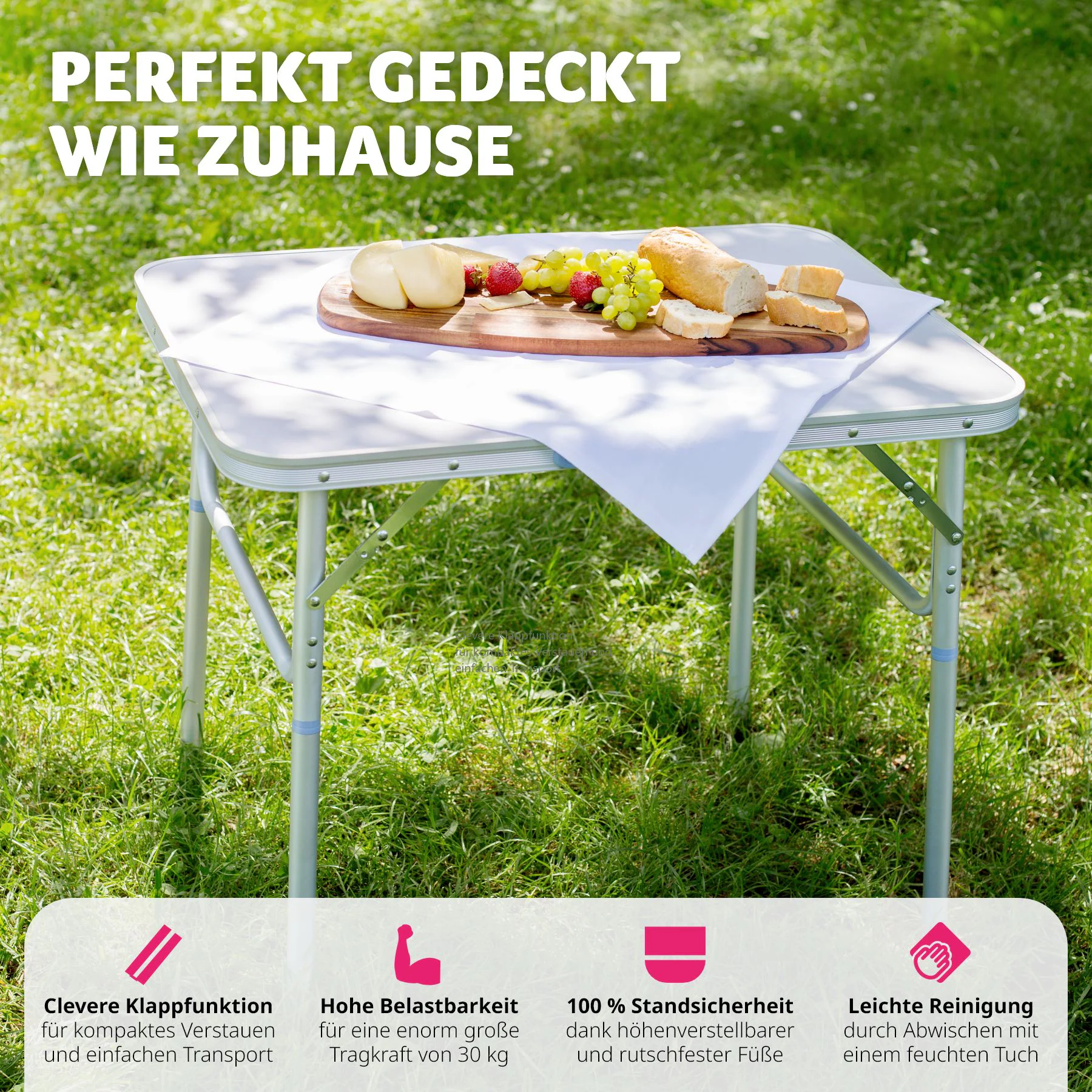 tectake® Campingtisch, klappbar, anschraubbare, höhenverstellbare Beine und Füße, 75 x 55 x 68 cm