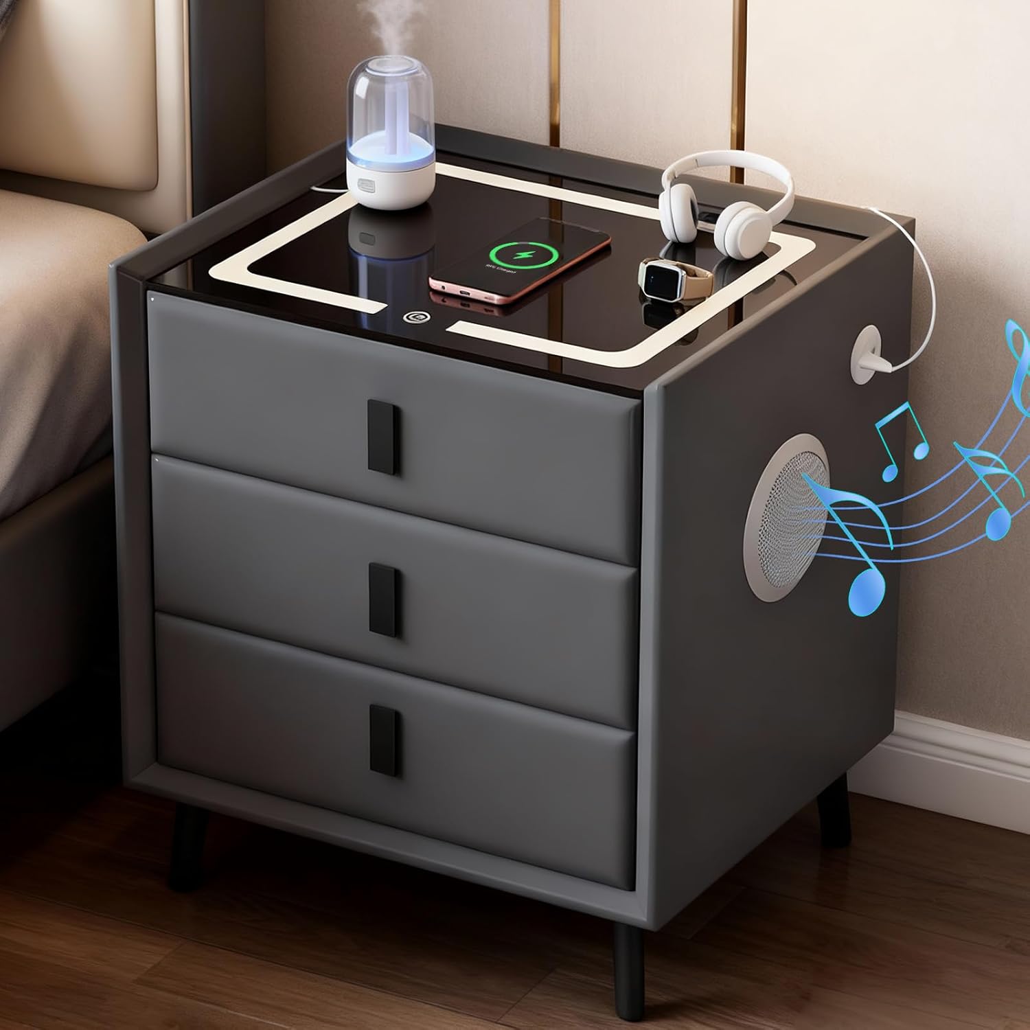 Nachttisch mit LED, Nachtschrank mit 3-Farbiges Licht Dimmbar und Bluetooth-Lautsprecher, Beistelltisch mit 2USB&Ladefunktion, 3 Schubladen, Stilvoll Touch Lampe Nachttisch für Schlafzimmer (1, Grau)