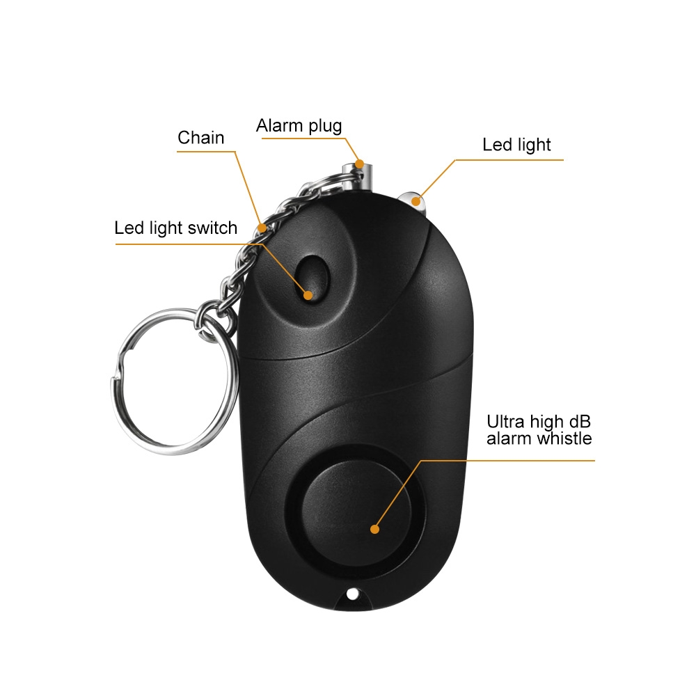 Mobiler Taschen Alarm (135db) Personen Alarmanlage Alarmsirene mit LED und Schlüssel Anhänger - Schwarz