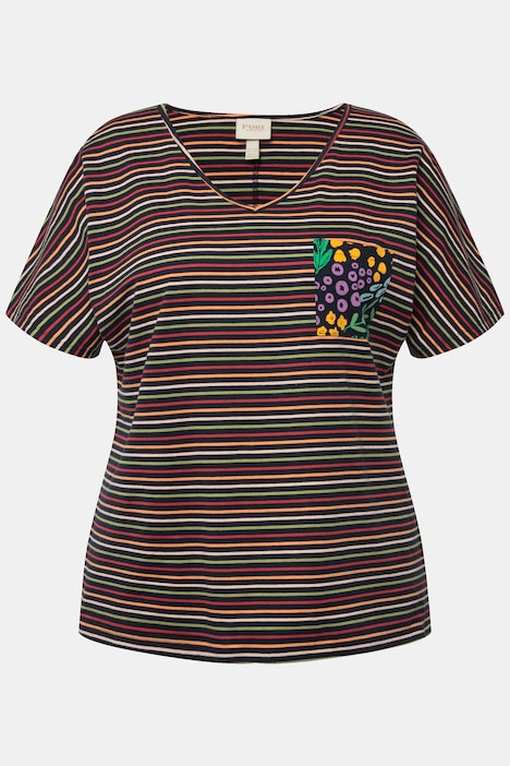 Schlafanzug-Shirt, Streifen, V-Ausschnitt, Halbarm