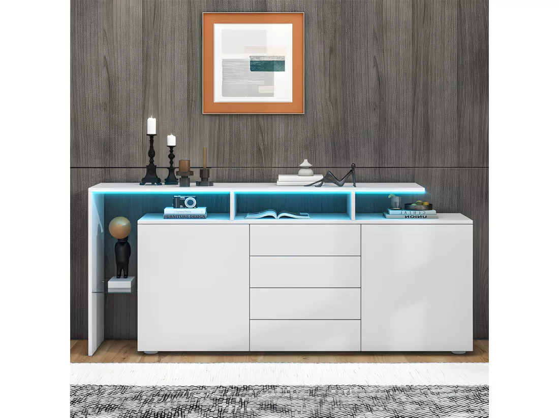 Buffet bas avec éclairage LED - 4 tiroirs et 2 portes - Blanc
