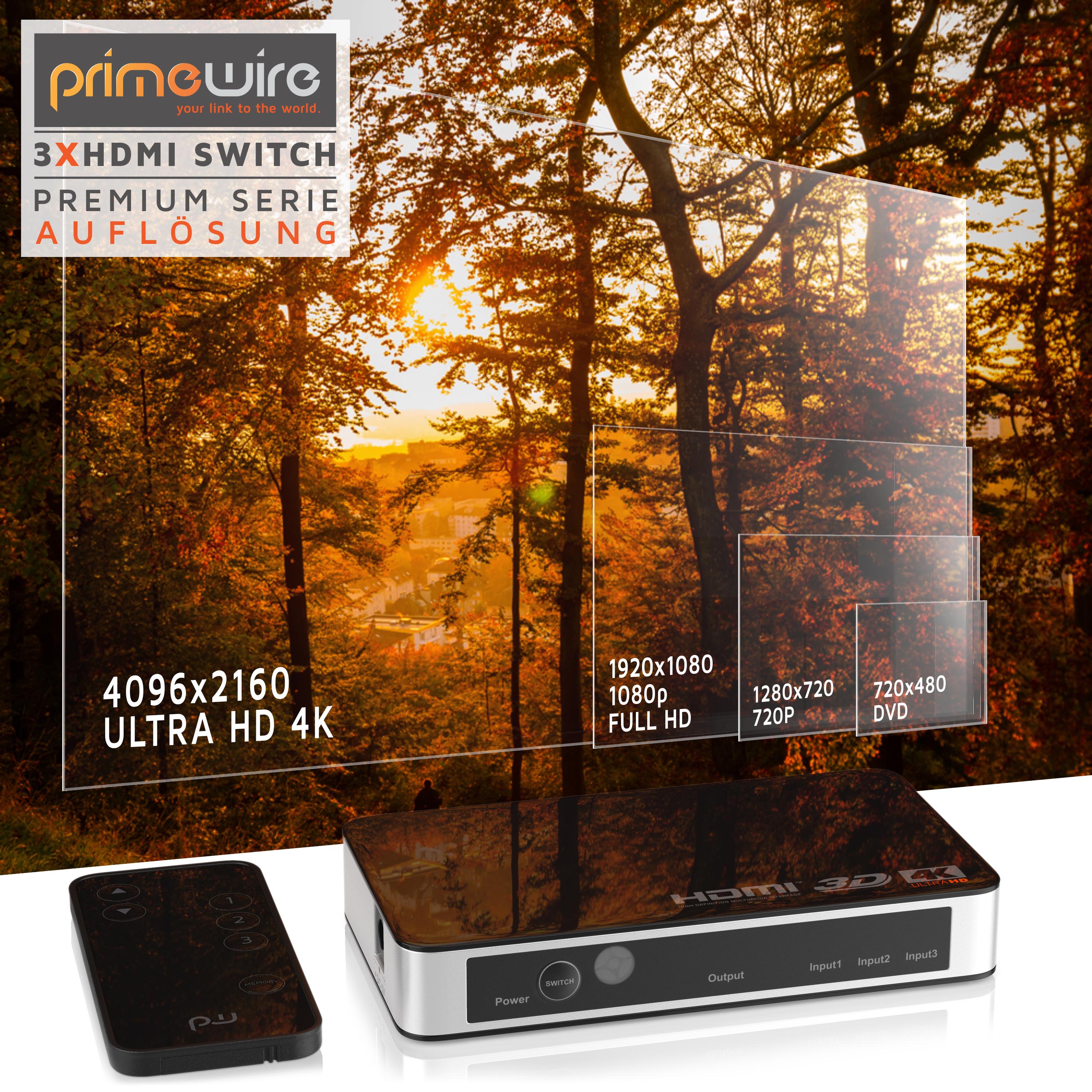 Primewire 3-Port HDMI UHD 4k 60Hz Umschalter inkl. Fernbedienung 1x HDMI OUT / 3x HDMI IN