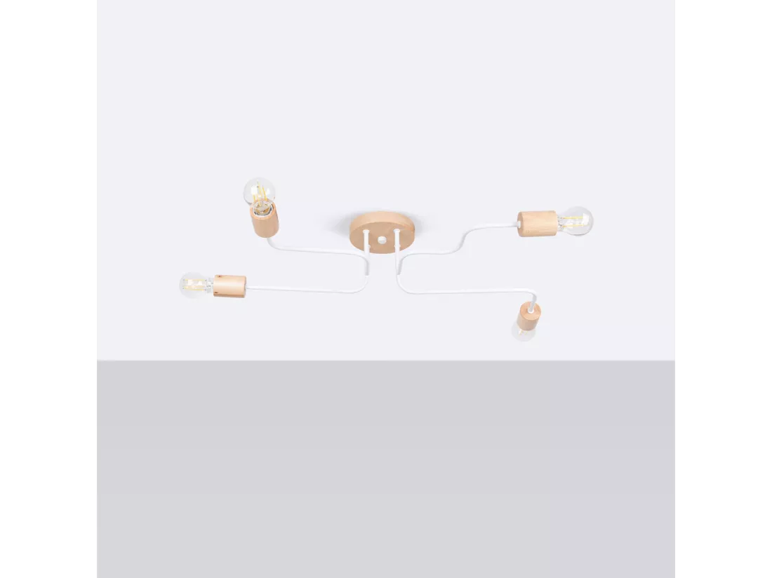 Lustre Timbo grenier en acier/bois - 4 sources lumineuses - L.75 x H.16,5 cm - blanc/bois naturel