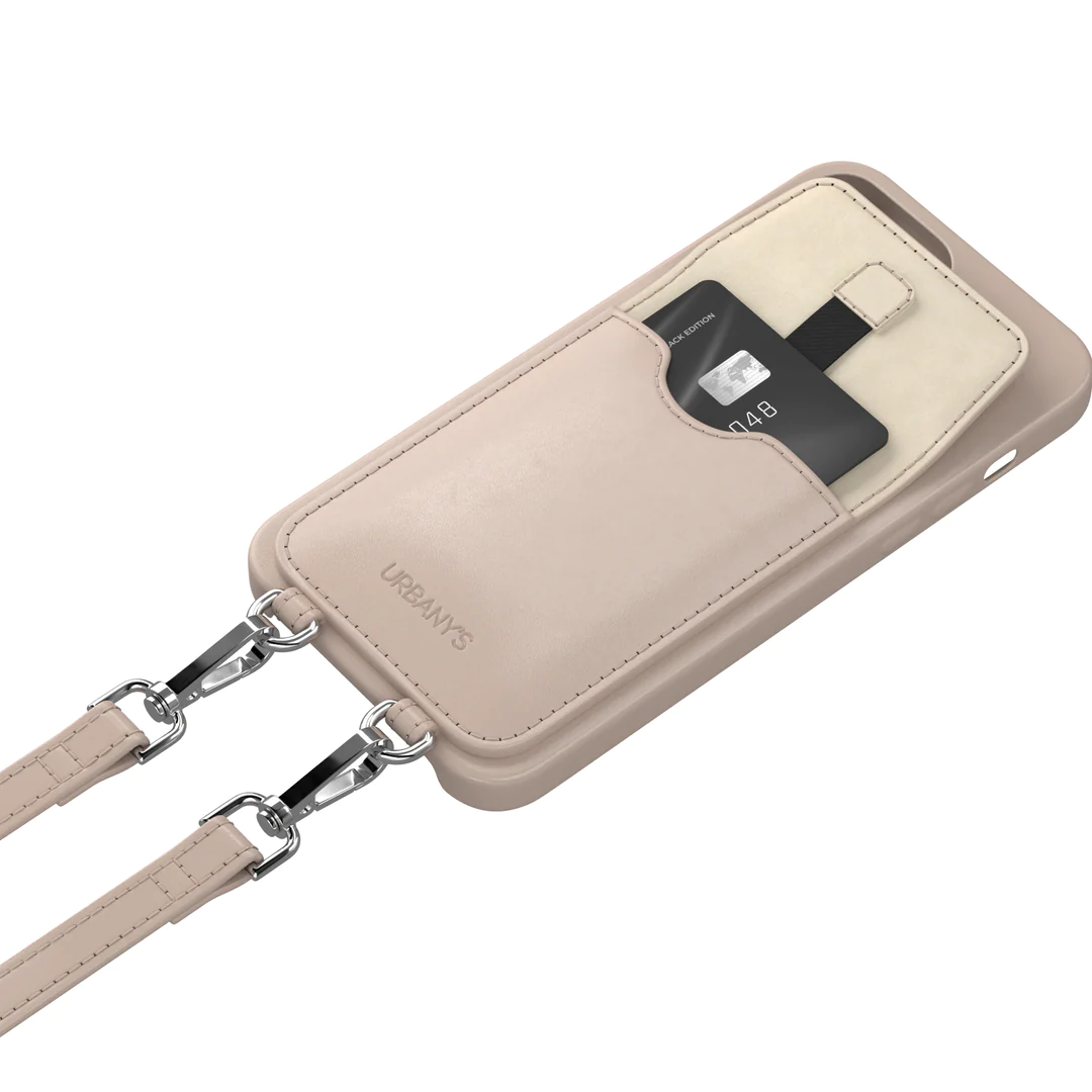 (150cm) iPhone 15 Pro Max Necklace Leder Hülle mit Kartenfach   abnehmbare Handykette  (PNP-BEB-I15PM) - Beach Beauty (Beige)