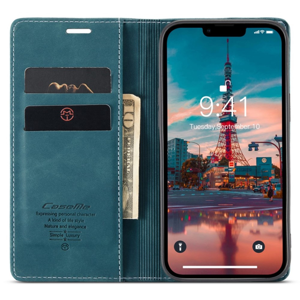 iPhone 14 Leder Tasche Flip Wallet Etui mit Kartenfächern - Blaugrün