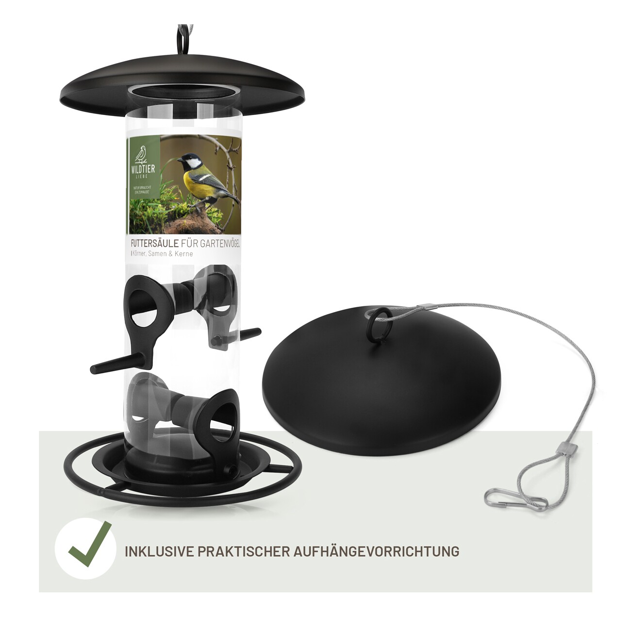 wildtier liebe Futtersäule für Samen, Körner & Kerne 26cm, Schwarz