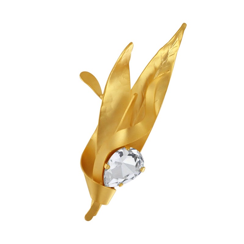 Broche Laiton Doré Feuille et Goutte Facettée