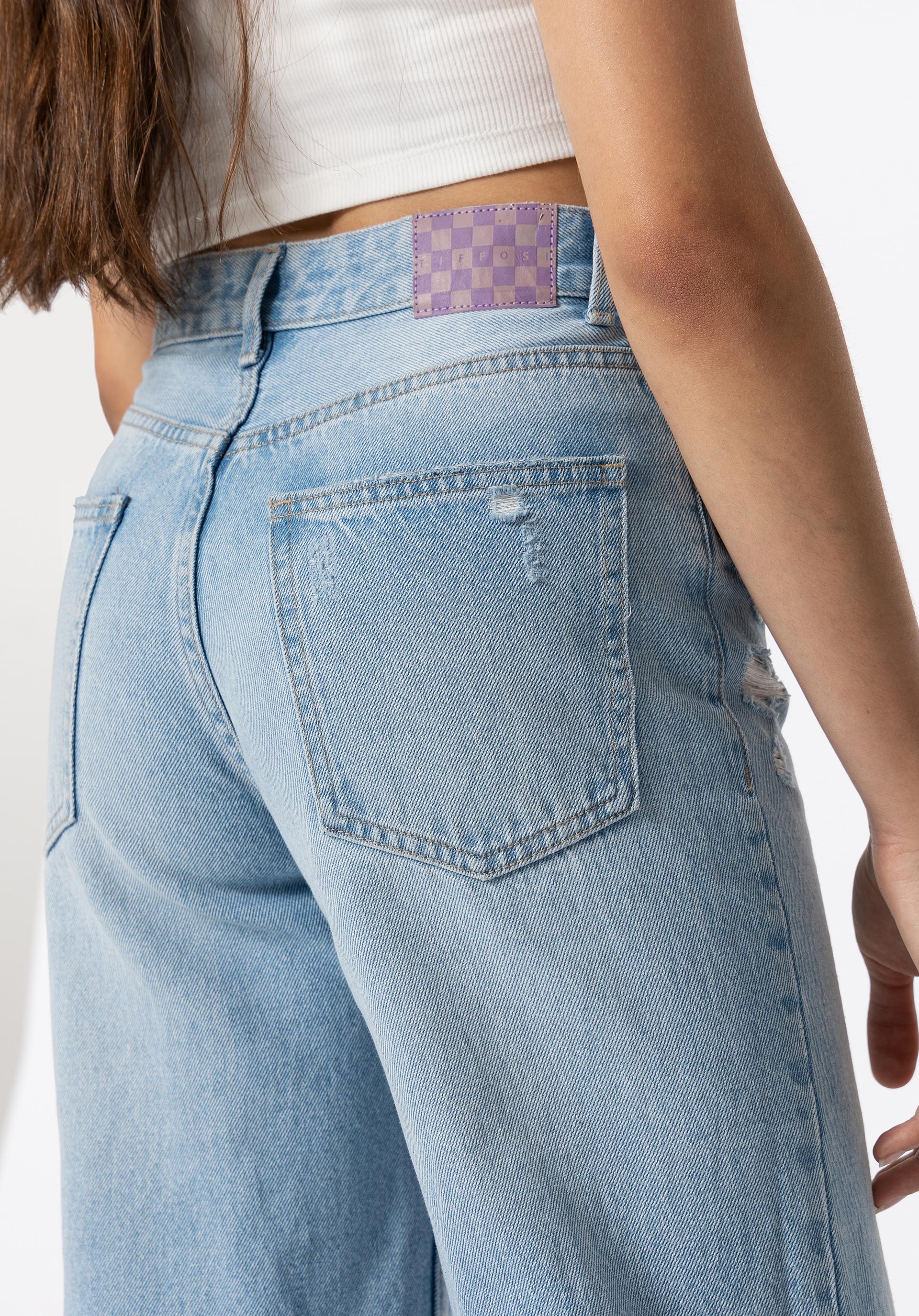 Jeans Kylie Wide Leg Cintura Alta C/ Rasgões