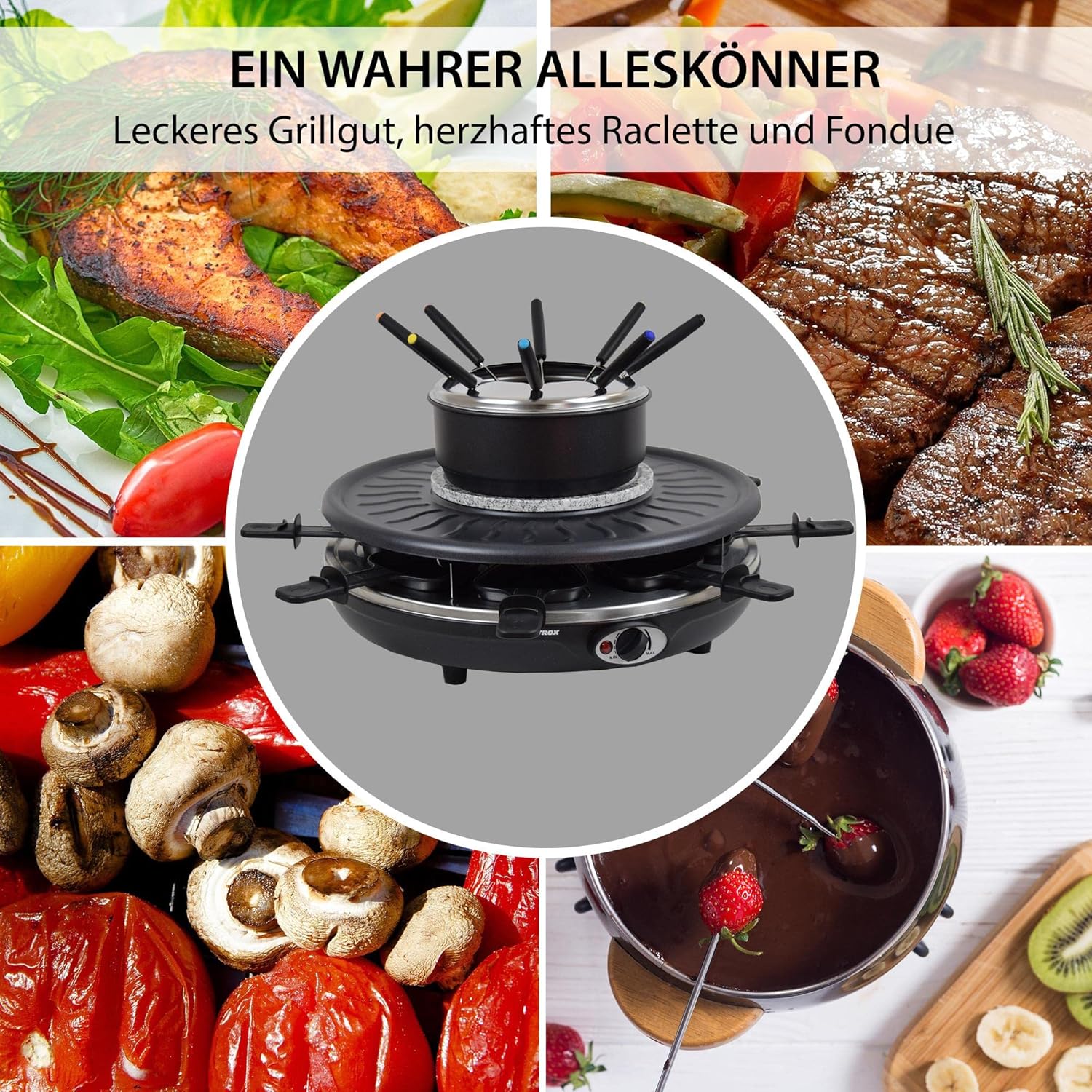 Syntrox Germany RAC-1350W-Waadt 4 in 1 Raclette Grill Fondue Heißer Stein für 8 Personen, Edelstahl Design