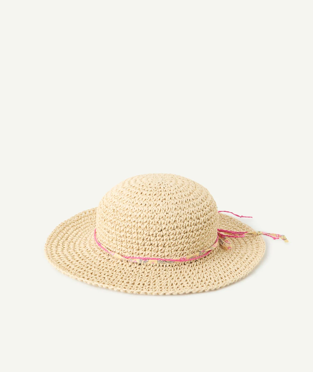 chapeau de paille fille avec cordon en tissus rose fleuri