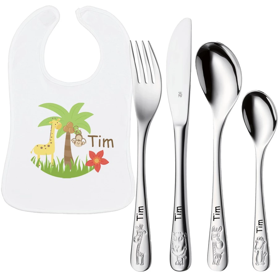 Schnullireich Geschenkset mit Namen Safari: WMF Kinderbesteck +Baby Lätzchen Safari Silber