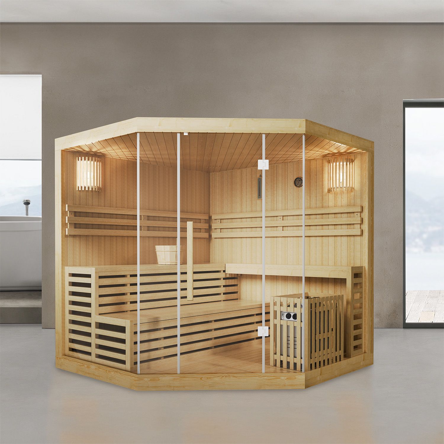Artsauna Saunakabine Espoo200 Premiummit Harvia Ofen – 5 Personen – Hemlock Holz & Glasfront