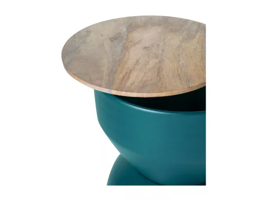 Table d'appoint ronde design avec rangement en métal bleu canard et bois manguier massif D30 cm YOYO