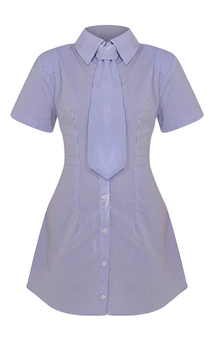 Bleu Robe Chemise À Manches Courtes Avec Détail Nœud À Rayures