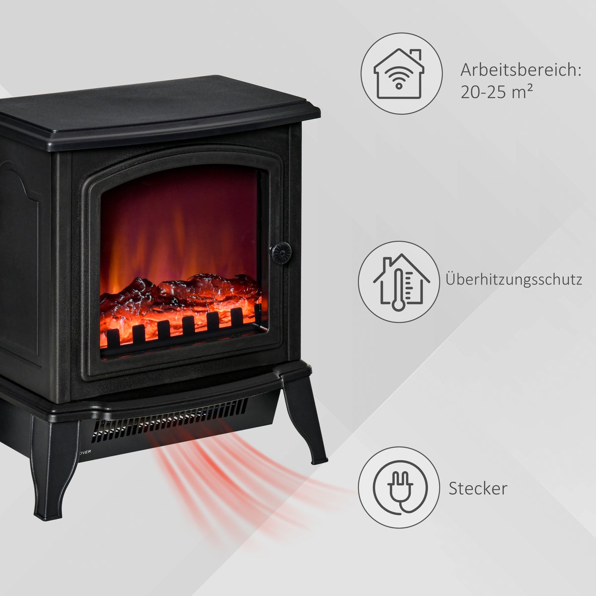 HOMCOM Elektrische haard, vrijstaande haard met LED-vlameffect, 2000W haard met oververhittingsbeveiliging voor woonkamer, slaapkamer, metaal, zwart