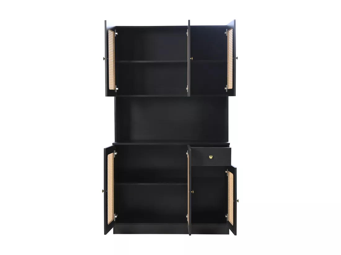 Vitrine H 180cm - 6 portes en rotin et un tiroir - Noir