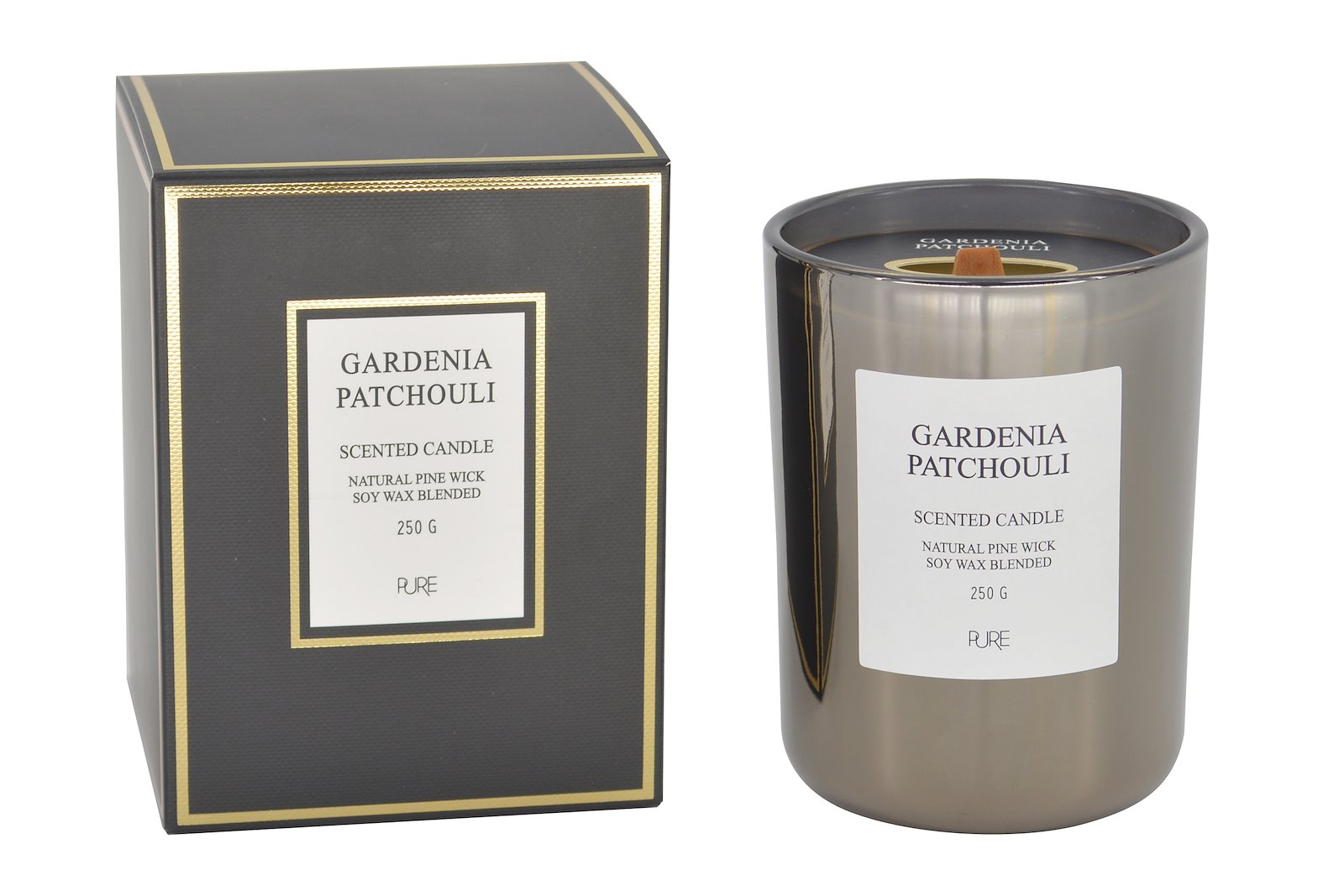 Gardenia Patchouli duftlys Shiny med sort boks Ø:8 H:10,5 cm, med veke i tre.