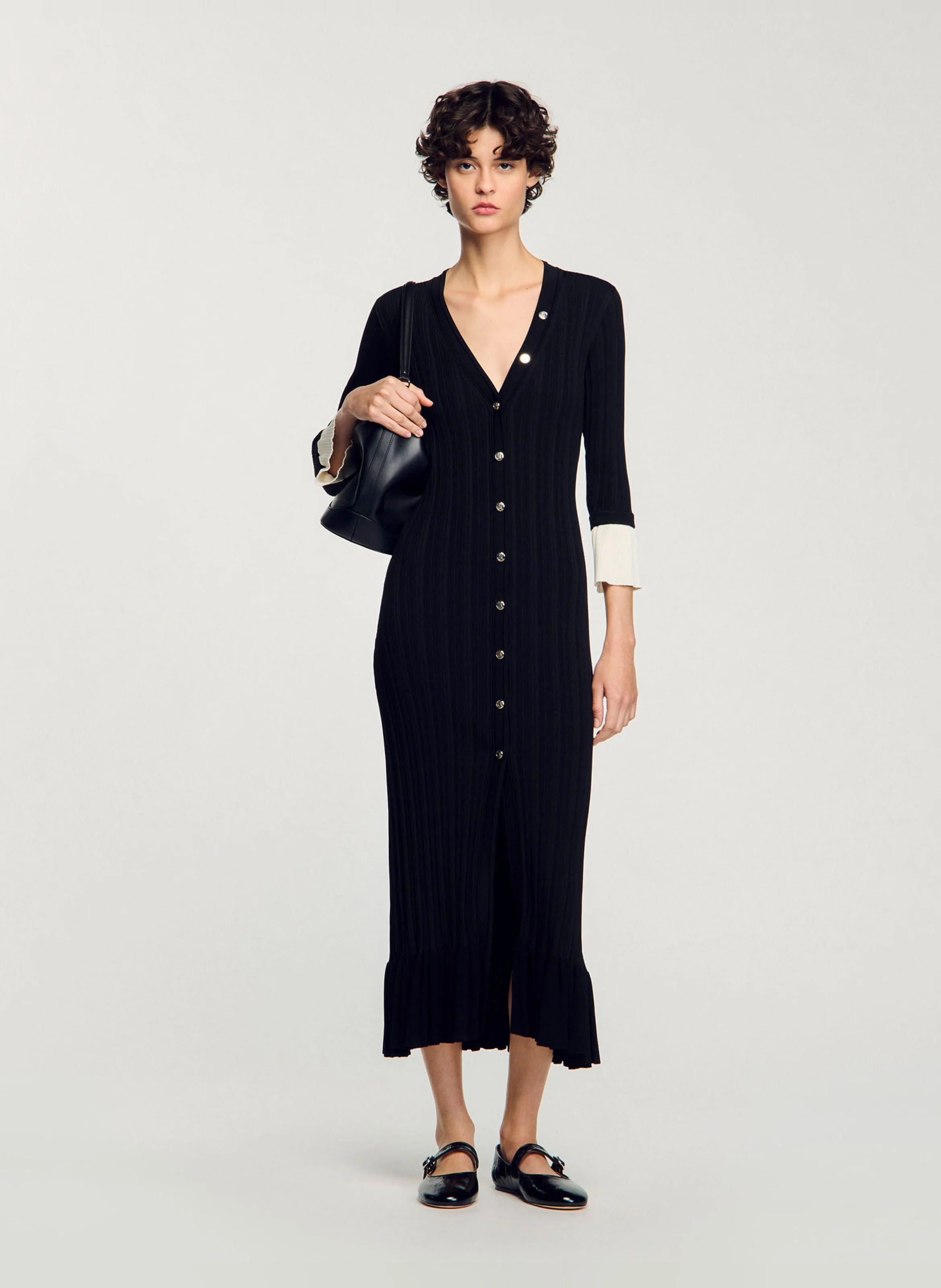 Robe longue moulante col V | Noir