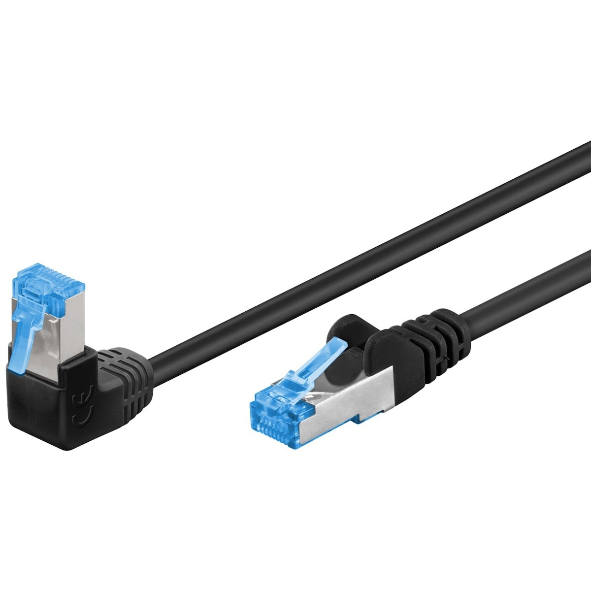 CAT 6A patchkabel 1x 90° vinklet, S/FTP (PiMF), svart