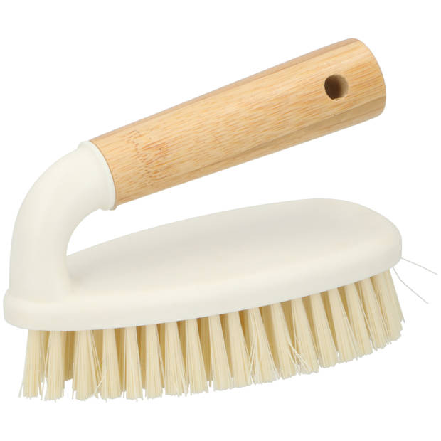 Schrobborstel - wit met bamboe handvat - kunststof - 14 x 6 x 10 cm - Schrobborstels