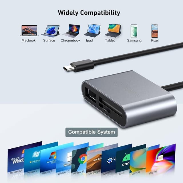 NÖRDIC USB-C kortlæser 2 slot SD, MicroSD, 1xUSB-A UHS-I