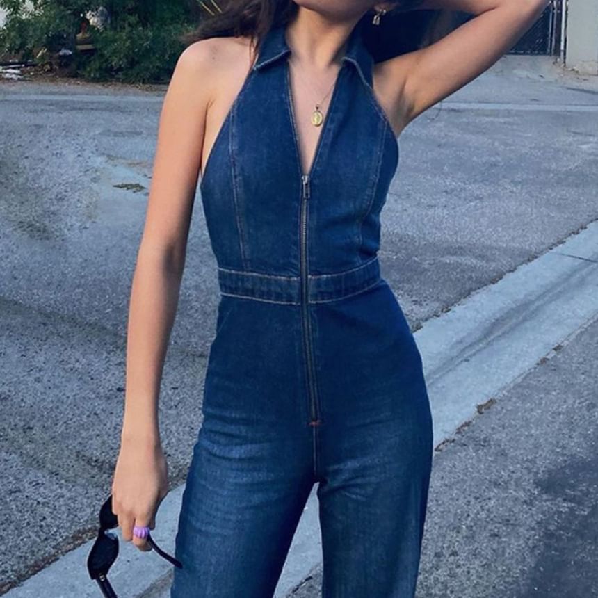 Whoosh - Mouwloze halterjurk met wijde pijpen en denimlook