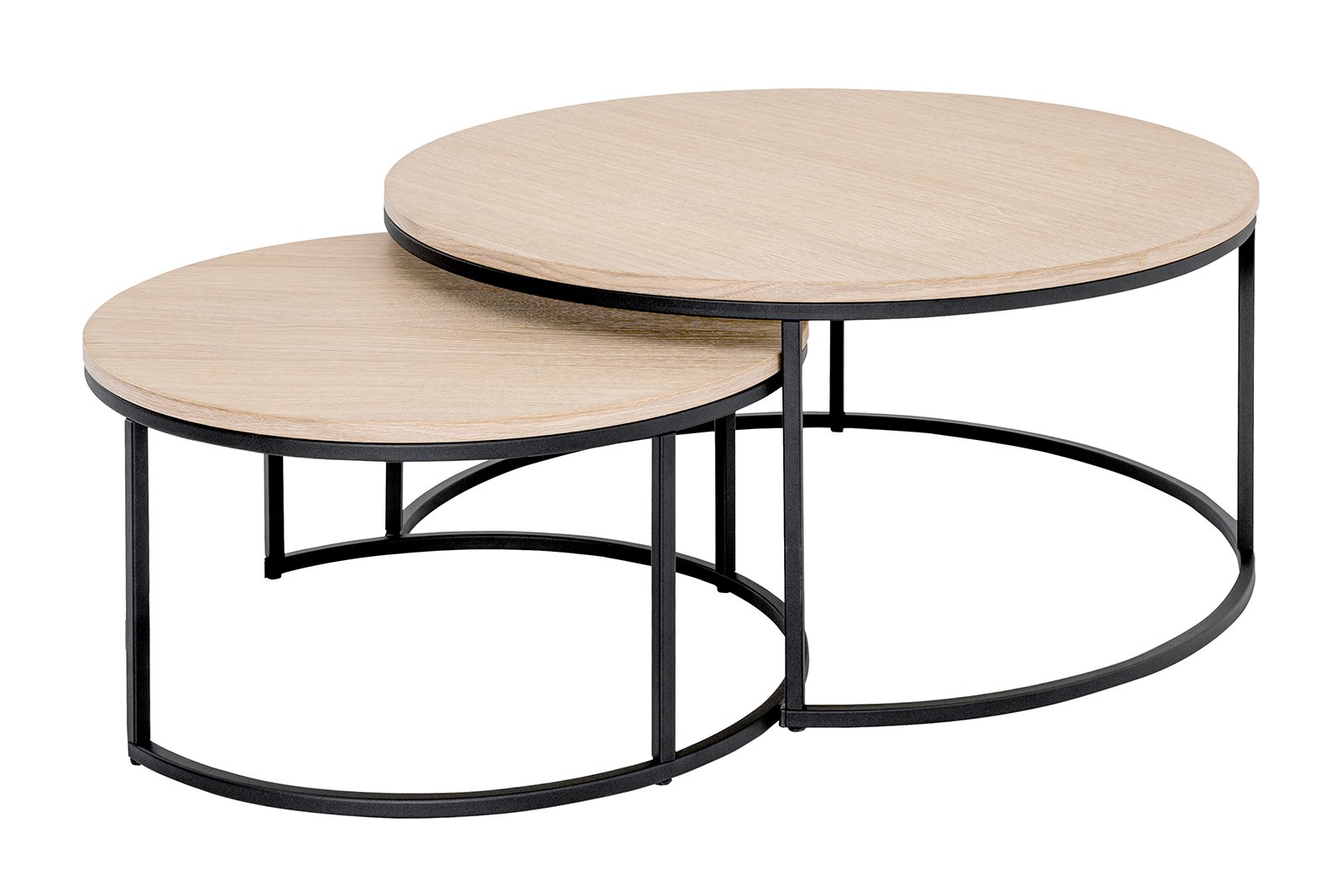 Porto sofabordsett Ø95/75 cm.Hvitlasert eik finer bordplate og sort understell