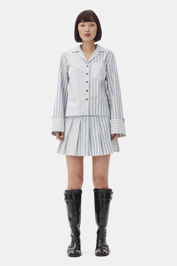 Ganni Stripe Cotton Pleated Mini Skirt Egret