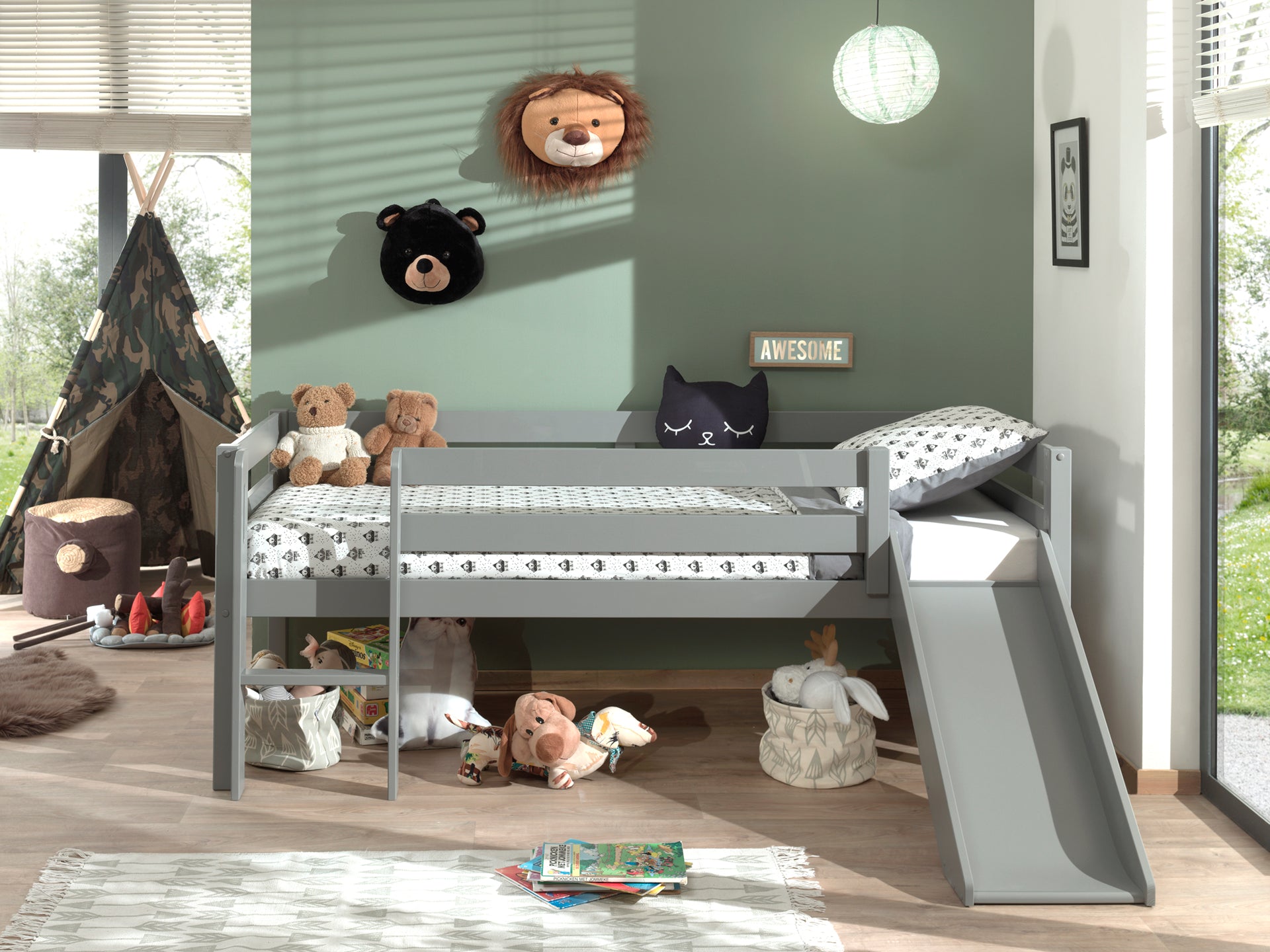 LUCEVI - Pino Halfhoogslaper met Glijbaan 90x200cm - Grijs - H85CM