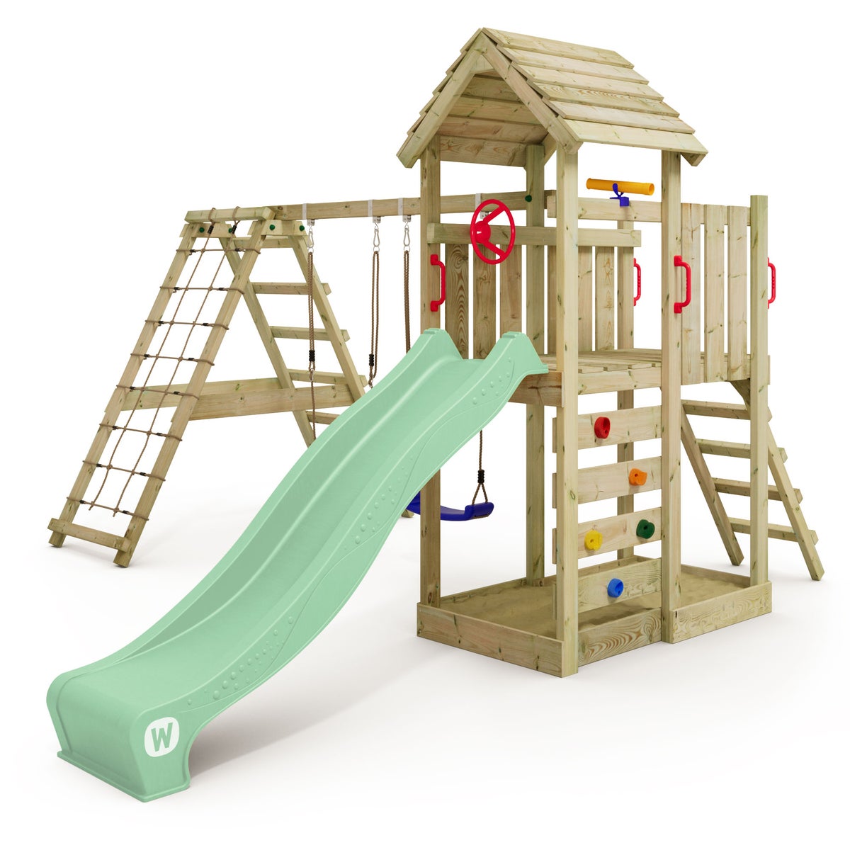 WICKEY RocketFlyer speeltoren klimrek met schommel en glijbaan, klimtoren met zandbak, klimuitbreiding en speelaccessoires – pastelgroen