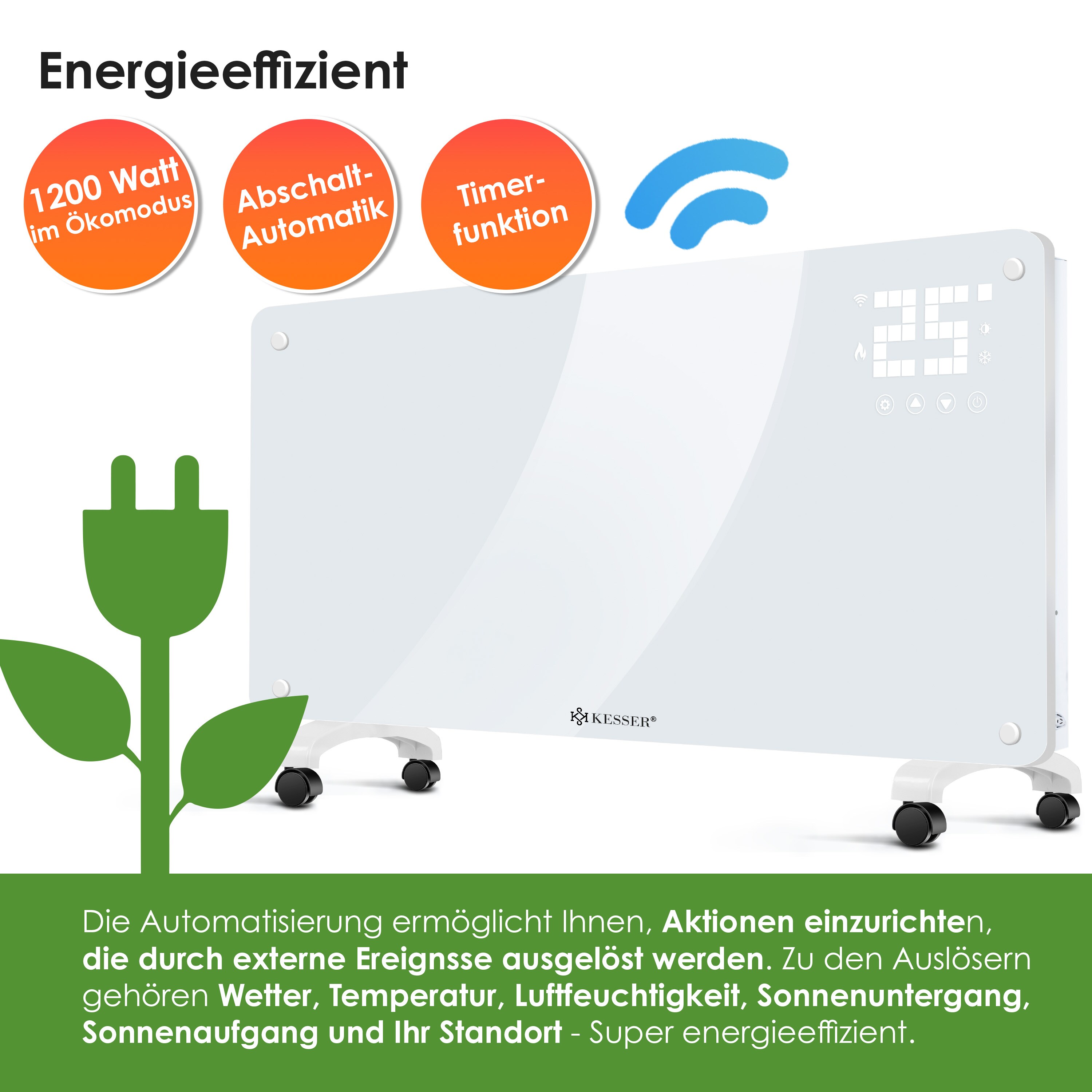 KESSER® Glaskonvektor Glasheizung Elektroheizkörper APP WiFi Funktion Inkl. Fernbedienung Elektroheizung Stand- oder ? Wand Heizung Heizkörper ?Touchscreen ? LCD-Display ? Timer |2500 Watt