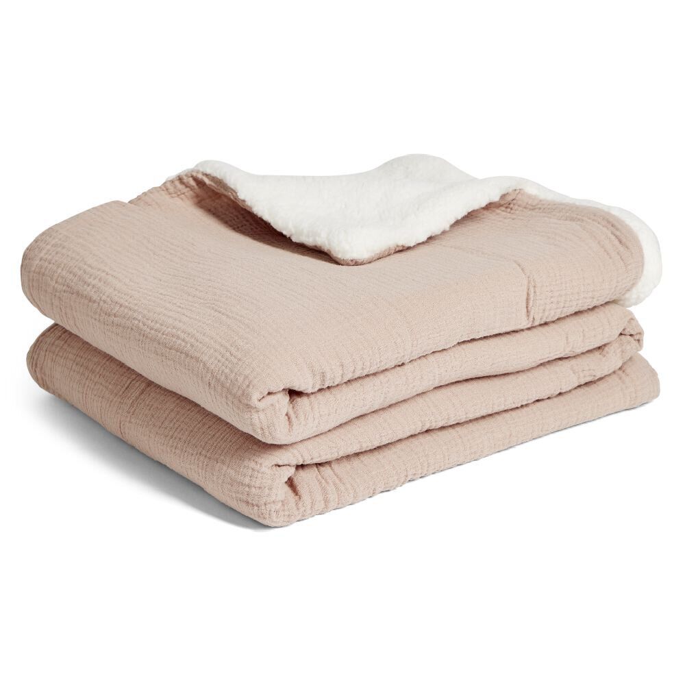 Plaid gaze de coton et sherpa 130x160cm rose