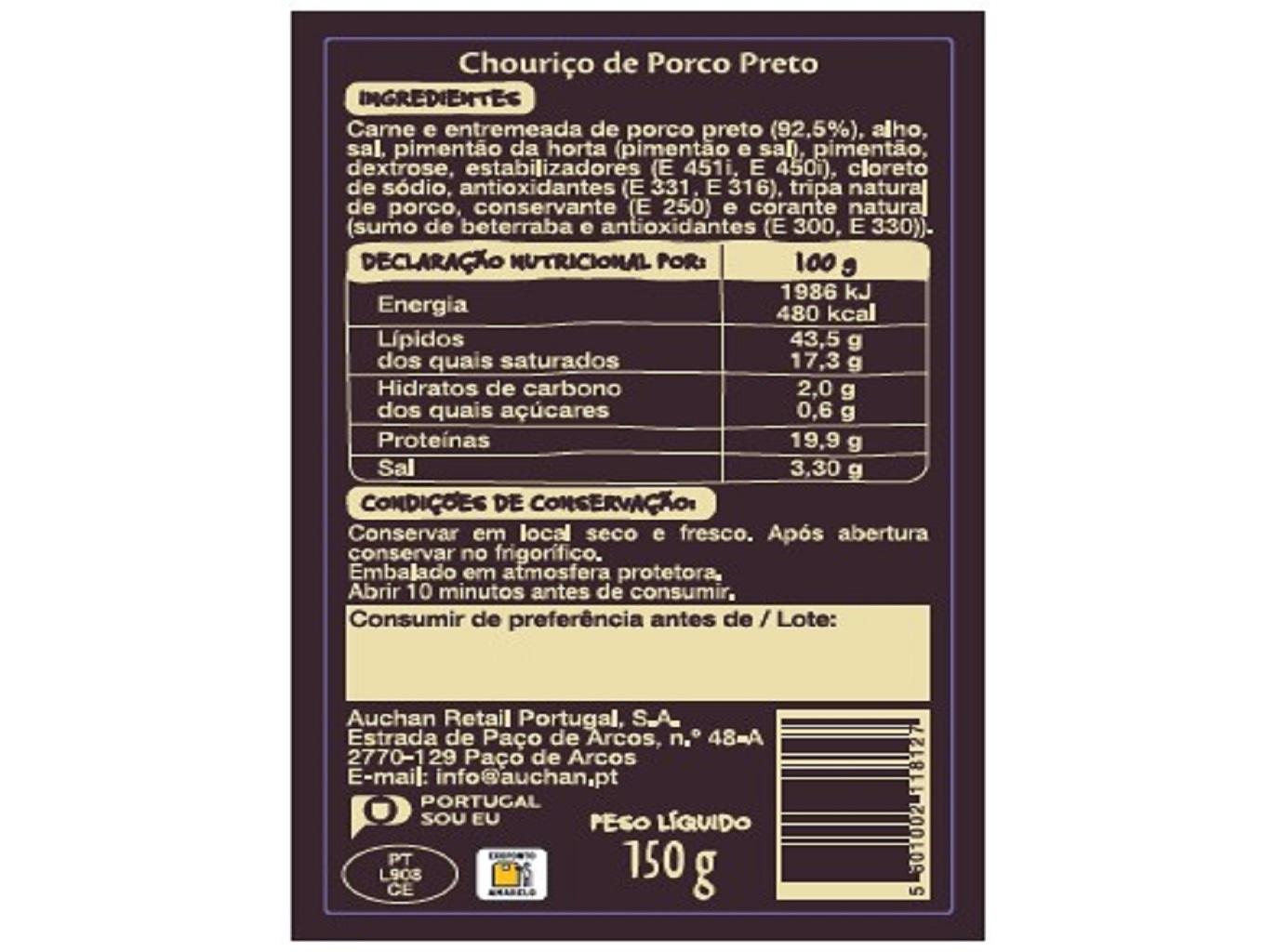 CHOURIÇO DE PORCO PRETO AUCHAN À MESA EM PORTUGAL CULTIVAMOS O BOM ALENTEJO 150G