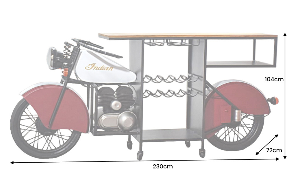 Design Bartisch EASY RIDER 230cm weiß rot schwarz Mangoholz Motorrad Upcycling