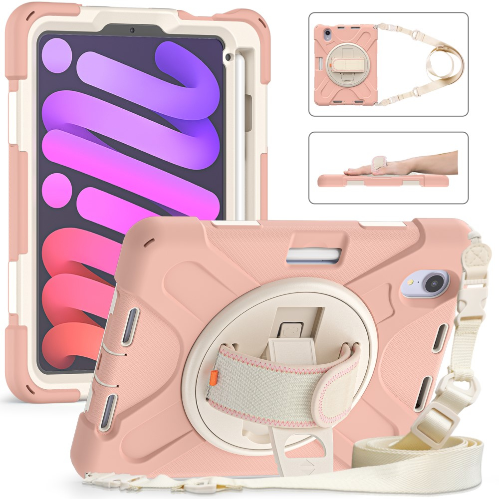 iPad Mini 7 (2024) / Mini 6 (2021) Hybrid Outdoor Silikon Case Hülle mit Aufsteller und Handschlaufe und Schultergurt - Rosa