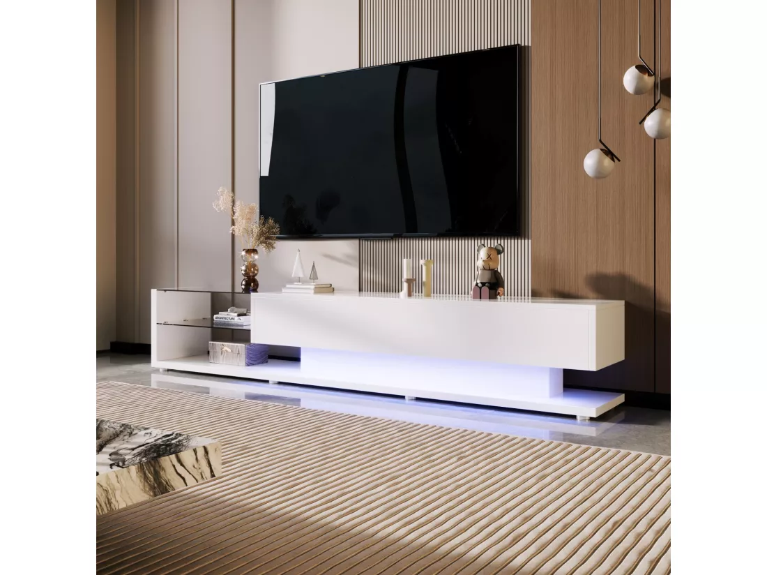 Meuble TV 2 tiroirs et 2 étagères en verre, panneaux bas, avec LED variable, charge max 50kg, 170x36x38cm, Blanc