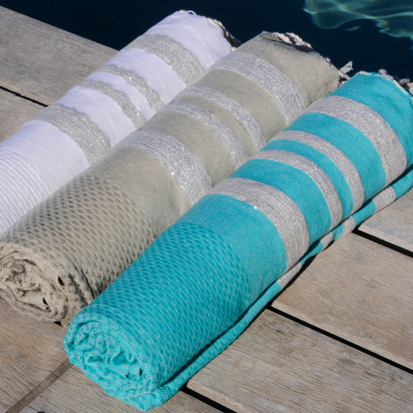 Febronie Fouta Nid d'abeille Hamptons Lurex gris perle/argenté - 100x200 cm
