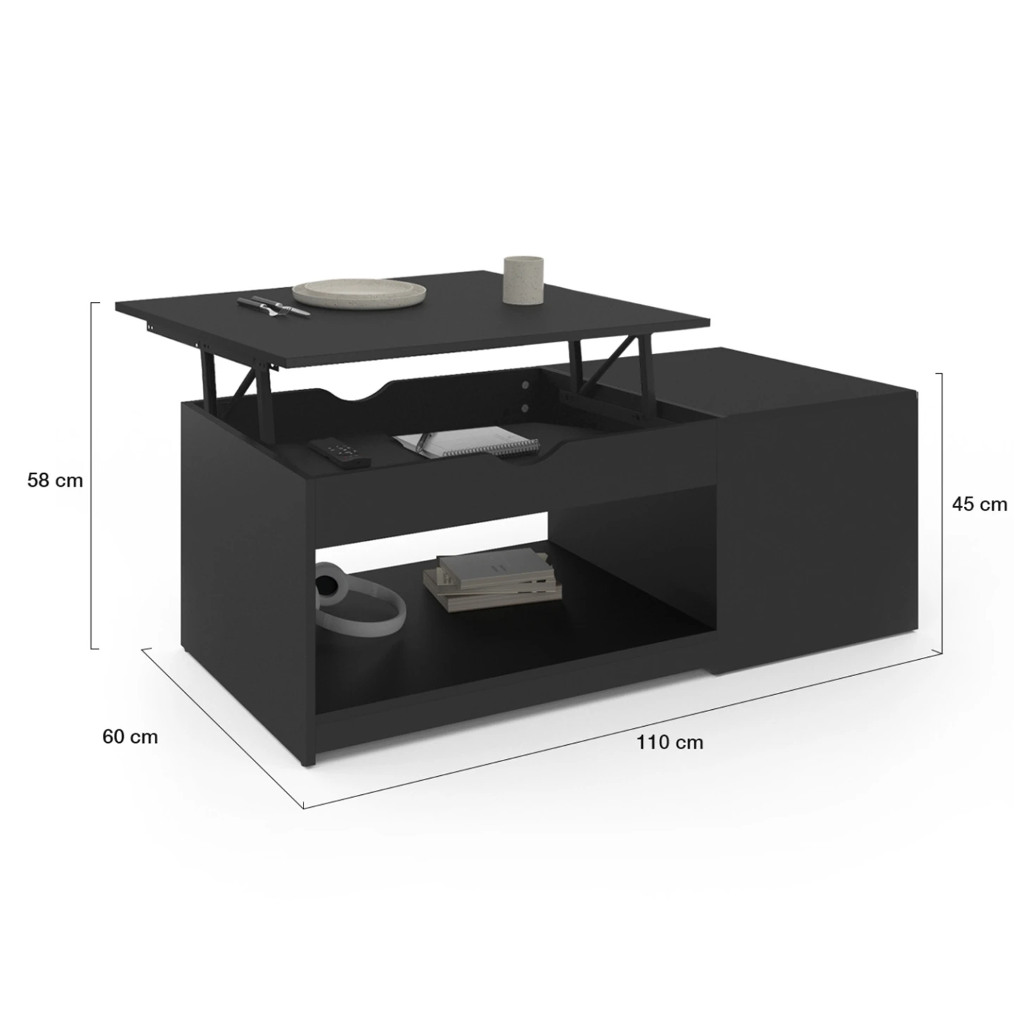 Table basse plateau relevable ELEA avec coffre bois noir