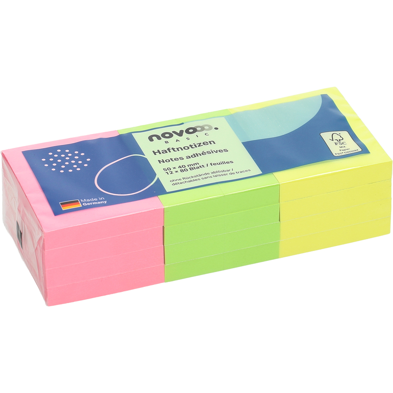 novooo Haftnotizen Basic, 50 x 40 mm, 12 x 80 Blatt