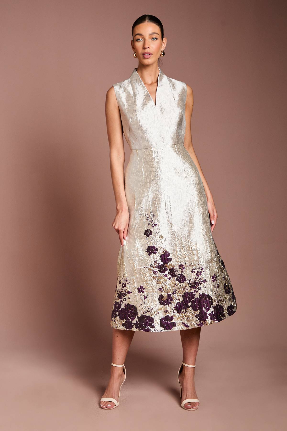 Coast Robe Mi-Longue Jacquard à Encolure Échancrée et Imprimé Floral Bordé