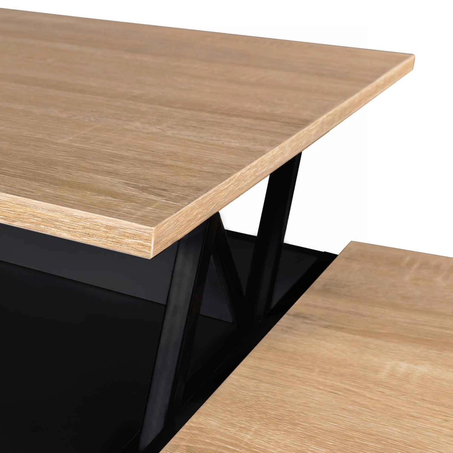 Table basse 2 plateaux relevables rectangulaire EYLA avec coffre bois noir et façon hêtre