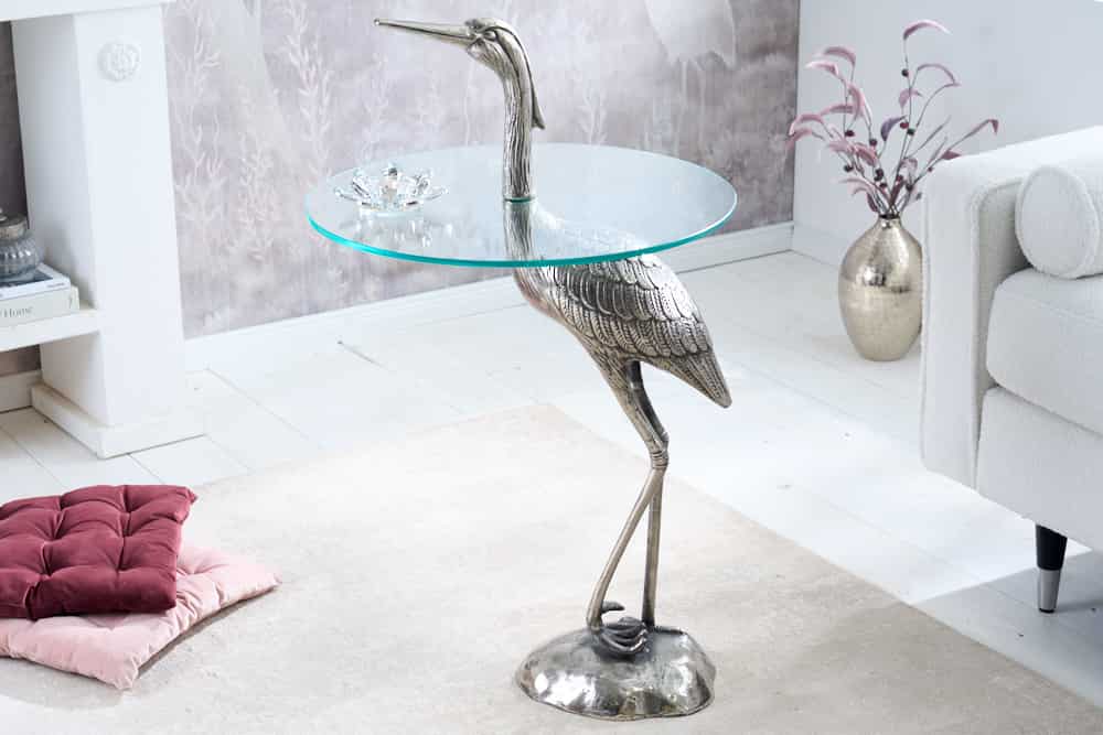 Runder Beistelltisch WILDLIFE HERON 90cm silber Metall Glas Fischreiher Skulptur handmade