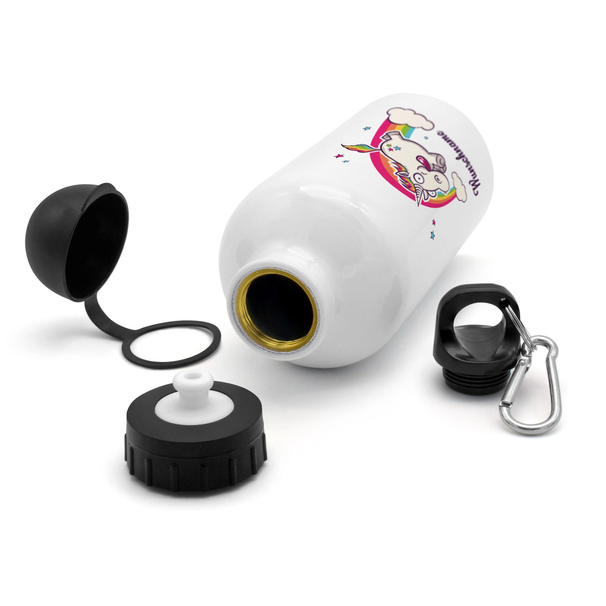 Alu-Trinkflasche mit Namen, 500 ml, weiß (Motiv: Einhorn)