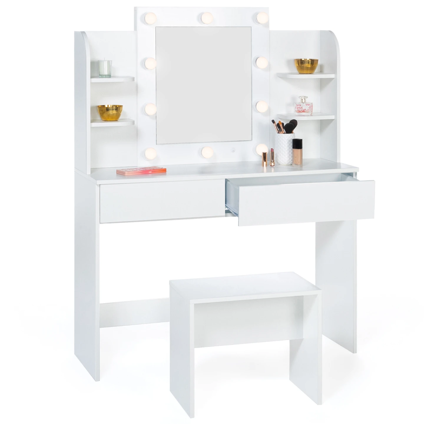 Coiffeuse ZELIA blanche table de maquillage 4 étagères, miroir LED et tabouret