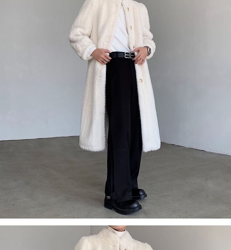 Freehop - Effen fleece midi-jas met opstaande kraag en enkele rij knopen