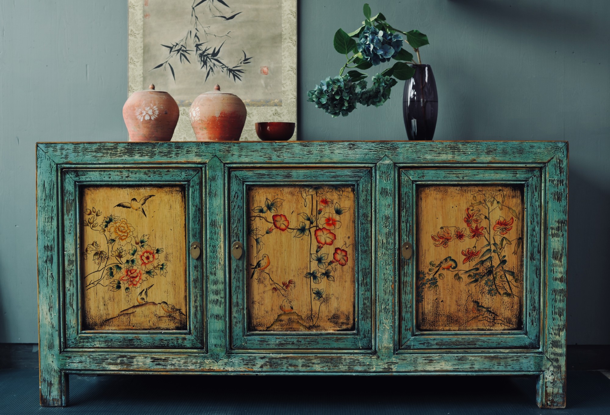 Sideboard 'Deng Hui', türkis, gelb, T 42 cm, B 158 cm, H 80 cm von fischer's lagerhaus